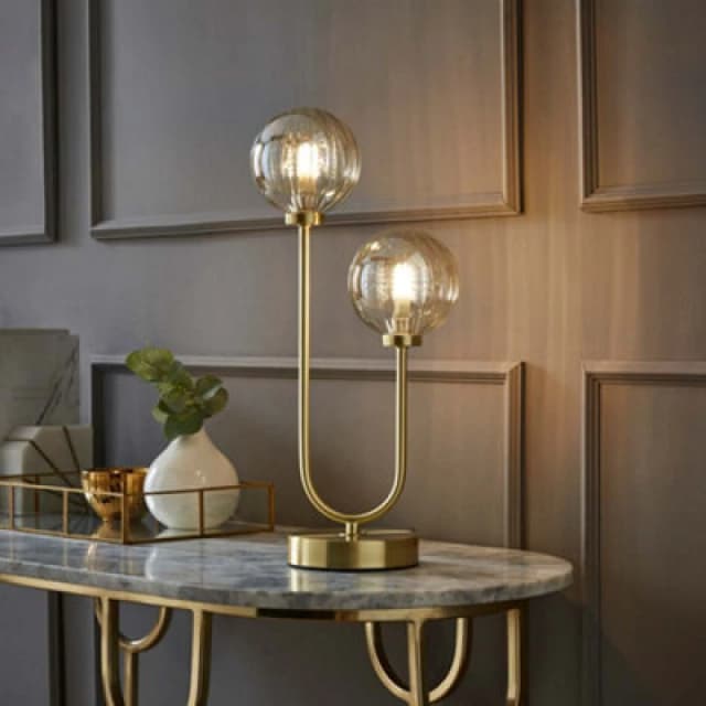 ValueLights Chessy Asymmetric Ribbed Glass Globe Gold Dual 2 Way Stem Table Lamp Gold