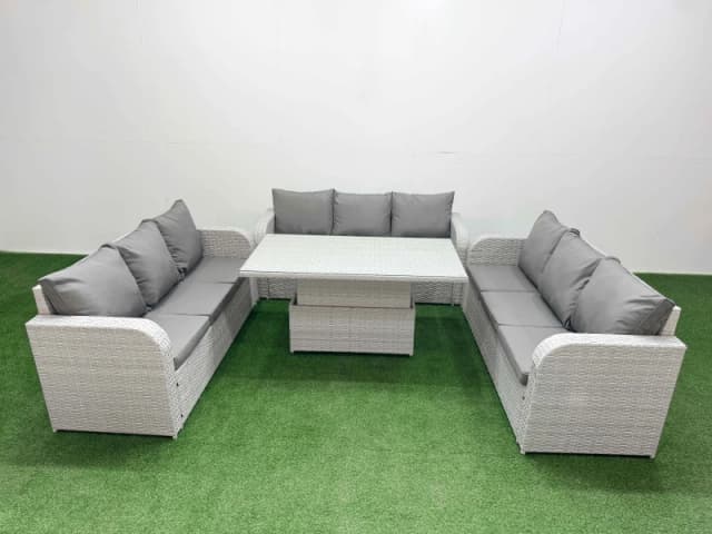 Fimous PE Rattan Lounge Sofa Set 9 Seater Outdoor Garden Furniture Set with Adjustable Lifting Dining or Coffee Table 3 Seater Sofa Light Grey Light G