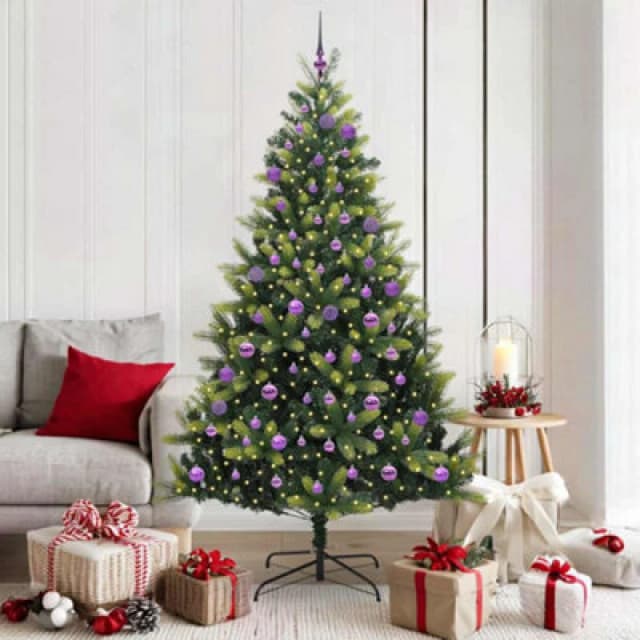 vidaXL Artificial Hinged Christmas Tree 300 LEDs, Lilac Balls Green 180 cm, Green 3395997