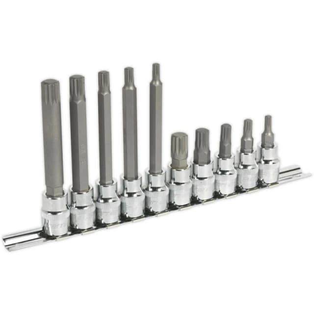 Loops 10pc Spline Socket Bit Set - 3/8" Square Drive - M5 to M12 Long & Short Shafts Multi
