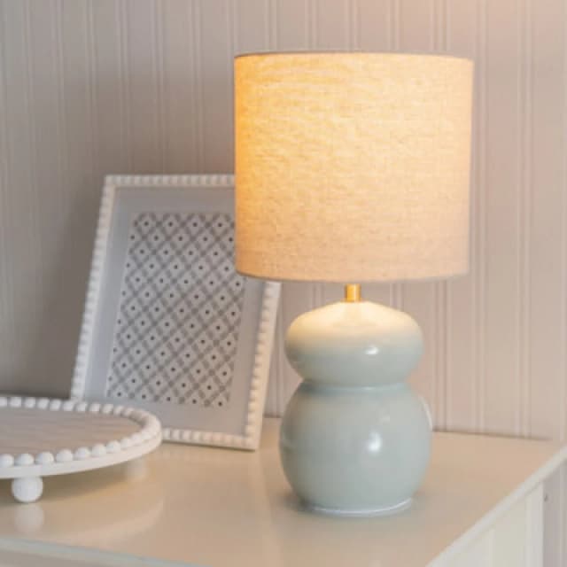 ValueLights ValueLights Kendal Natural Linen Drum Shade Glazed Ceramic Table Lamp in Pale Blue Pale Blue One Size Unisex 5016529271680