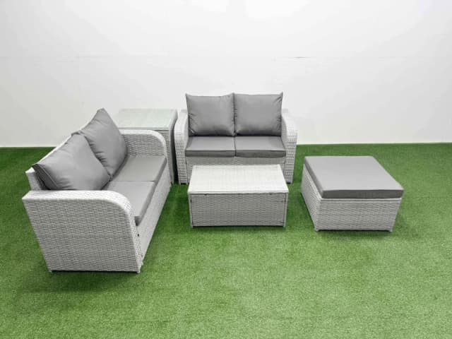 Fimous 5 Seater Outdoor Love Sofa Set Rattan Garden Furniture Set with Rectangular Coffee Table Big Footstool Side Table Light Grey Light Grey