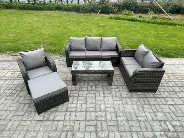 Fimous 7 Seater Outdoor Rattan Garden Furniture Set Rattan Lounge Sofa Set with Rectangular Coffee Table Reclining Chair Big Footstool Dark Grey