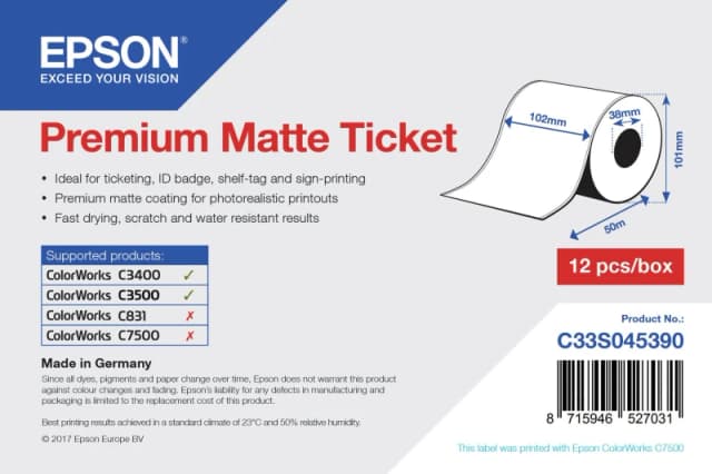 Epson C33S045390 Premium Matte White Continuous Ticket Roll 102mm x 50m (Original)