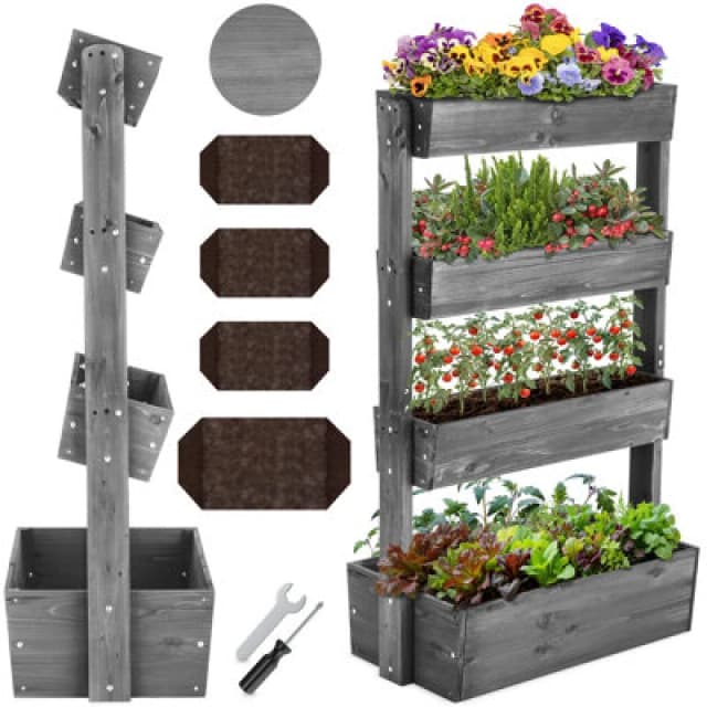 Tectake Vertical Planter Flora In A Rustic Wooden Design With 3 To 5 Tiers And Plant Fleece Included 85 X 45 X 140 Cm - Grey