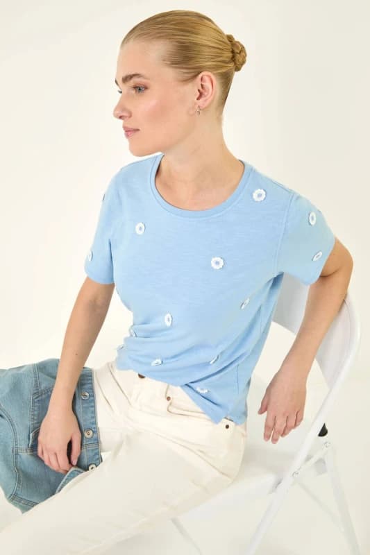 Roman Womens Textured Floral Stretch T-Shirt in Blue Size: 14 Blue Female 14