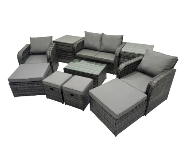 Fimous Garden Rattan Furniture Set 8 Seater with 4 Stools 2 Side Tables in Dark Grey Dark Grey Unisex