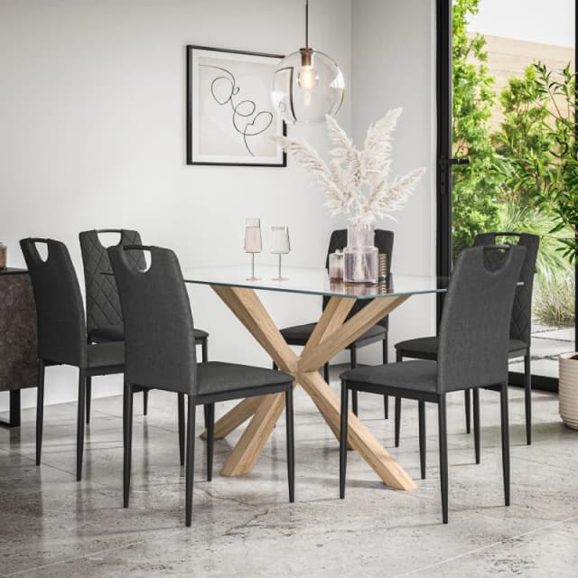 More4Homes Etta Glass Dining Table And Chairs - Glass Top W Solid Oak Legs + Monza Fabric Dining Chair Set Of 6 (Charcoal)