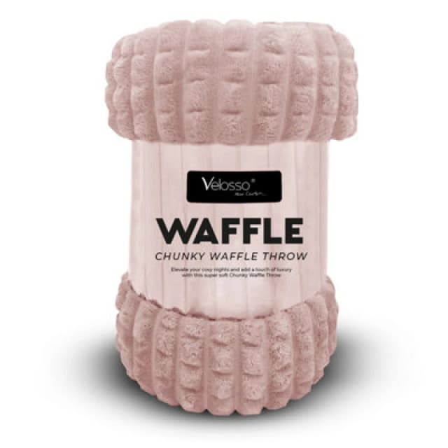 Velosso Elegant Waffle Style Ribbed Thermal Plush Throw - Cosy Winter Embossed Fur Blanket For Sofa, Bed - 127Cm X 152Cm - Blush