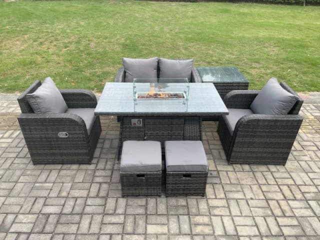 Fimous Rattan Garden Furniture Set Outdoor Patio Gas Fire Pit Dining Table and Chairs with Side Table Love seat Sofa 2 Small Footstools Dark Grey