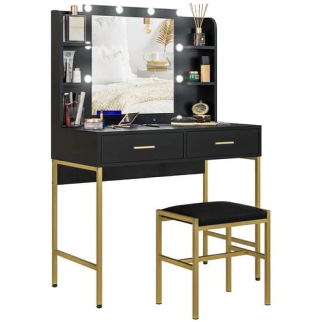 HOMCOM HOMCOM Makeup Vanity Desk Set with Lighted Mirror, Stool, Drawers, Black One Size Unisex 5056725584788