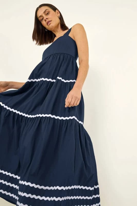 Roman Womens Ric Rac Tiered Midi Dress in Navy Size: 16 Navy Female 16