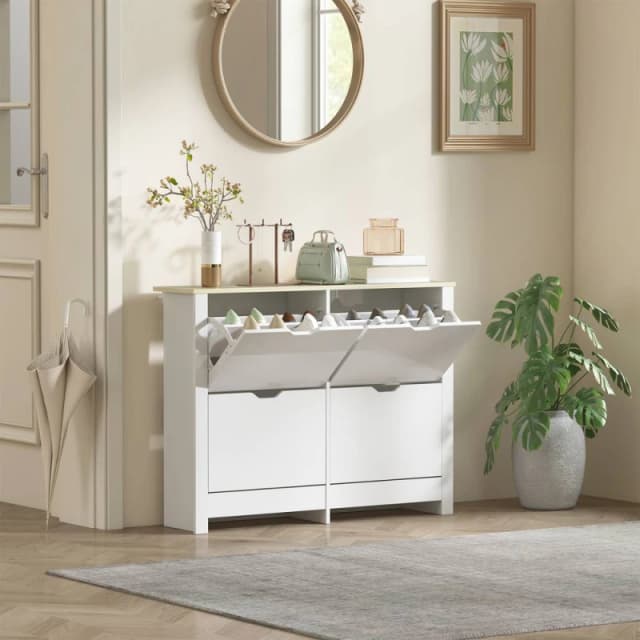 HOMCOM 16-Shoe Storage Cabinet 4 Shelves 4 Drawers Tabletop White White Unisex