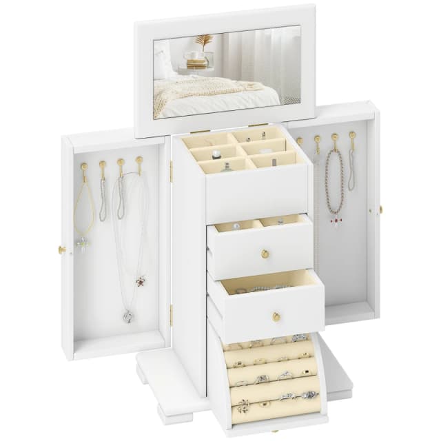 HOMCOM HOMCOM 4-Tier Large Jewellery Box with Mirror and 2 Drawers, White White One Size Unisex 5063603880115
