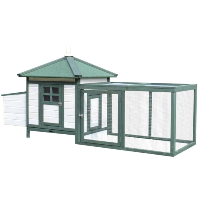 PawHut Chicken Coop Hen Poultry House w/ Nesting Box Outdoor Run Patio Wooden Green