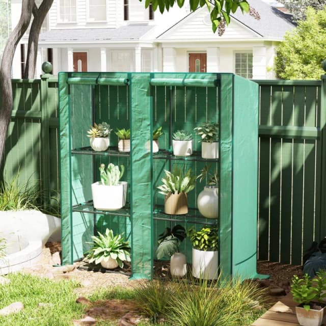 OUTSUNNY 3 Tier Lean-to Mini Greenhouse with Green Hemmed Edging, Green Green Unisex