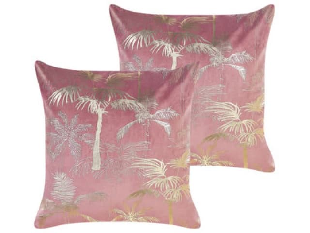 Beliani Set Of 2 Decorative Cushions Caranday Velvet 45 X 45cm Pink Plant Pattern