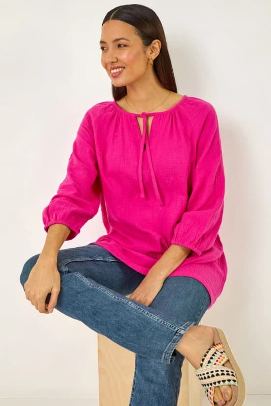 Roman Womens Cotton Tie Neck Tunic Top in Cerise Size: 12 Cerise Female 12