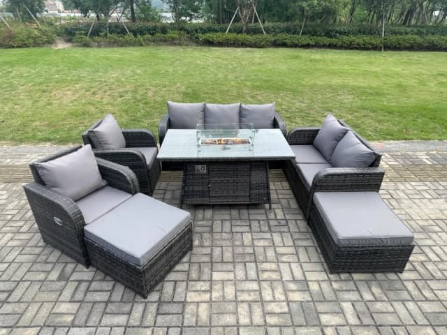 Fimous Garden Patio Furniture Wicker Rattan Gas Fire Pit Table and Sofa Chair set with 2 Big Footstool Dark Grey
