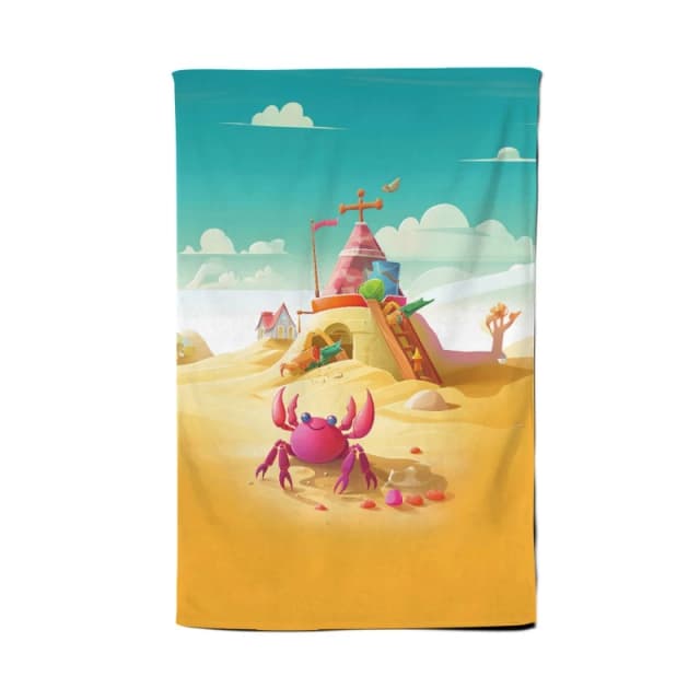 Warren Reed - Designer Pink Crab On A Beach Holiday Tea Towel in Yellow Yellow Unisex