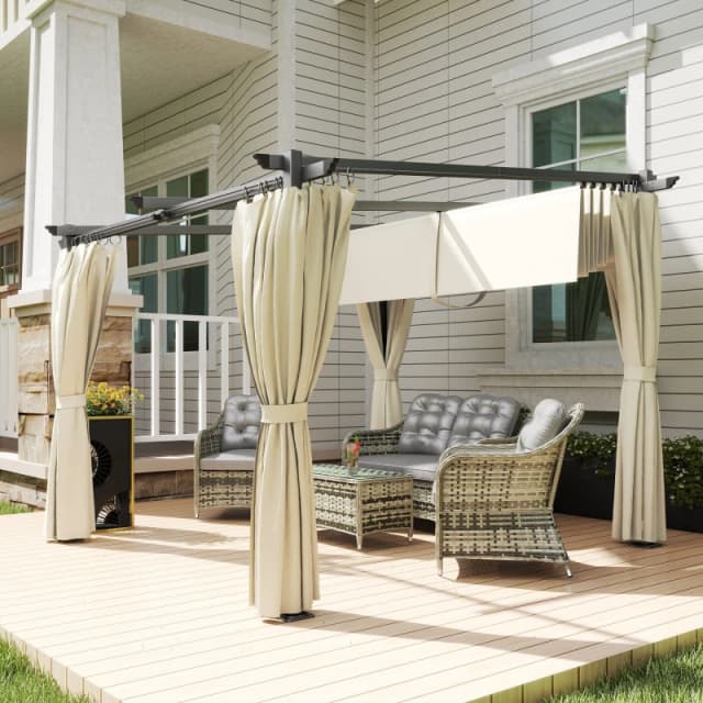 Outsunny 3 x 3(m) Metal Pergola with Retractable Roof and Sidewalls, Beige Beige