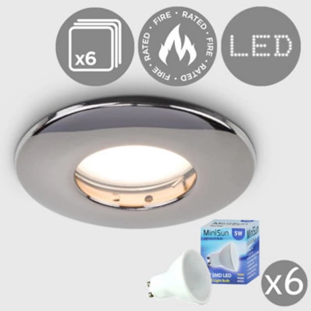 ValueLights Downlight Fire Rated IP65 Ceiling Light Fitting 6 Pack With Warm White Bulbs Black