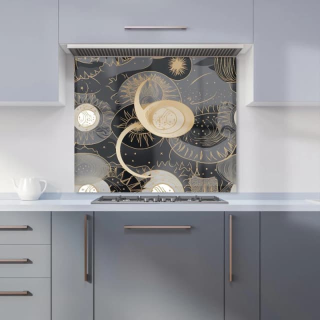 Warren Reed - Designer Abstract Silver Gold Sun & Moon Kitchen Splashback in Grey Size: 600mm x 750mm Grey Unisex 600mm x 750mm