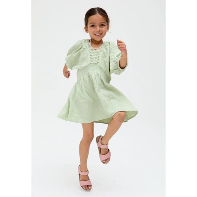 Raffya Kids Soipoi Ruched V-Neck Dress In Green Green female 4 Yrs