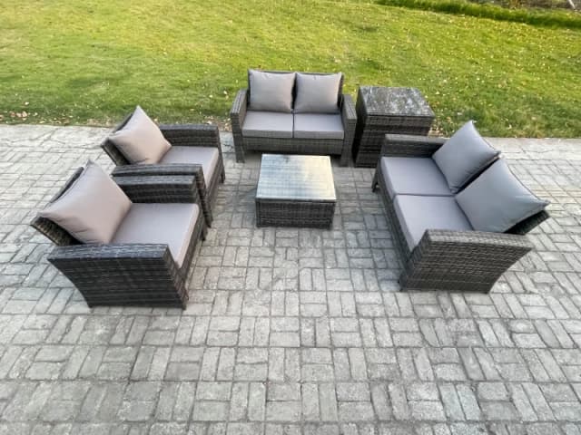 Fimous Rattan Garden Furniture Set 6 Seater Patio Outdoor Lounge Sofa Set with Square Coffee Table Double Seat Sofa Side Table in Dark Grey Dark Grey