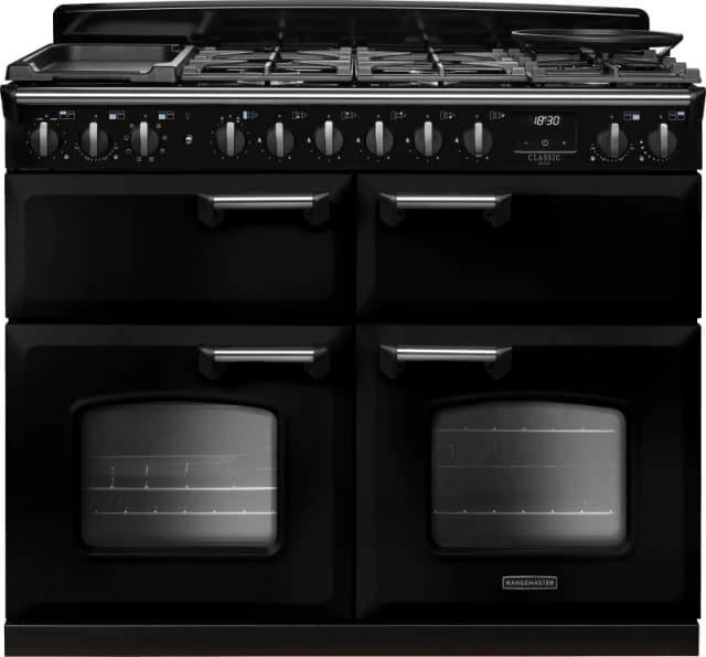 Rangemaster Classic Deluxe CLDLB110DFPGBL/CM1 110cm wide Dual Fuel Range Cooker with Gas Hob - Black / Chrome - A Rated