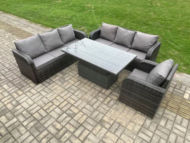 Fimous 7 Seater Outdoor Rattan Garden Furniture Sets Height Adjustable Rising lifting Dining Table Sofa Set with Reclining Chair Dark Grey
