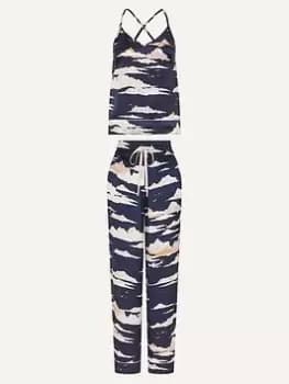 Accessorize Vacation Print Satin Pjs, Navy, Size L, Women