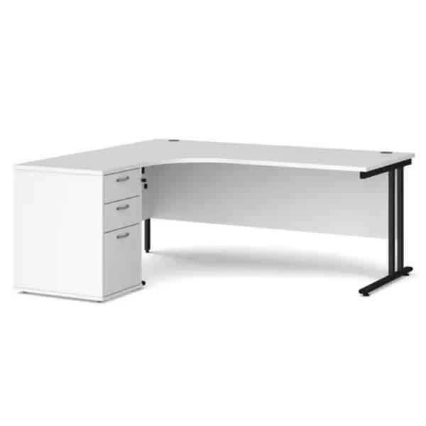 Office Desk Left Hand Corner Desk 1800mm With Pedestal White Top With Black Frame Maestro 25