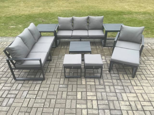 Fimous Aluminium Outdoor Lounge Sofa Set Garden Furniture Sets with Square Coffee Table Chair 3 Footstools 2 Side Tables Dark Grey Dark Grey Unisex