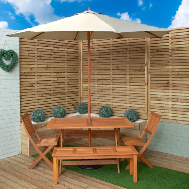Outdoor 6 Person Rectangular Wooden Garden Dining Table, 2 Benches, Chairs with Cream Parasol and Base Set