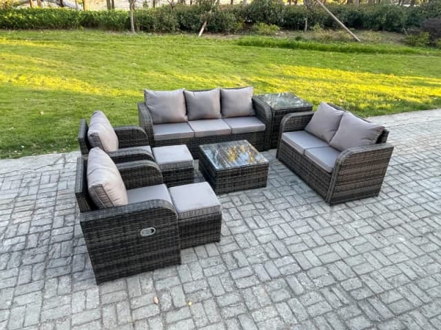 Fimous 9 Seater Garden Furniture Set Rattan Outdoor Lounge Sofa Chair With Tempered Glass Table Side Table 2 Small Footstools Dark Grey Mixed Dark Gre