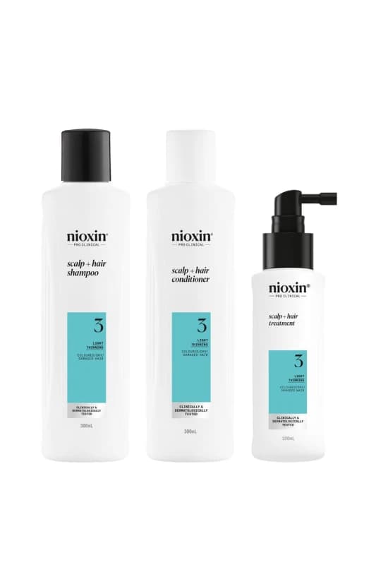 Nioxin Scalp + Hair Thickening System 3 for Coloured, Dry and Damaged Hair with Light Thinning, Loyalty Kit Clear