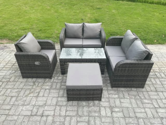 Fimous 5 PCS Garden Furniture set Rattan Outdoor Lounge Sofa Table Chair With Tempered Glass Table Dark Grey Mixed Dark Grey
