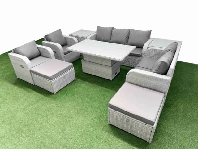 Fimous PE Rattan Garden Furniture Set Adjustable Lifting Dining or Coffee Table 2 Big Footstool 2 Side Table Light Grey