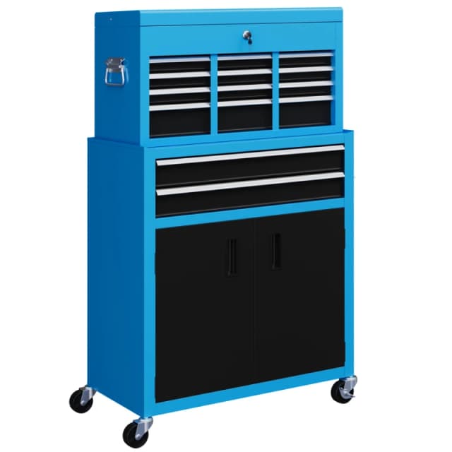 HOMCOM Top Chest and Roller Cabinet Combo Metal Tool Cabinet on Wheels Blue - Homcom 5056725589004