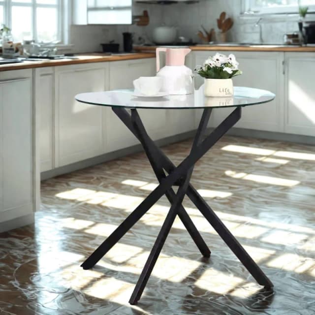 FURNOS Industrial Tempered Glass Round Coffee Table Black Unisex