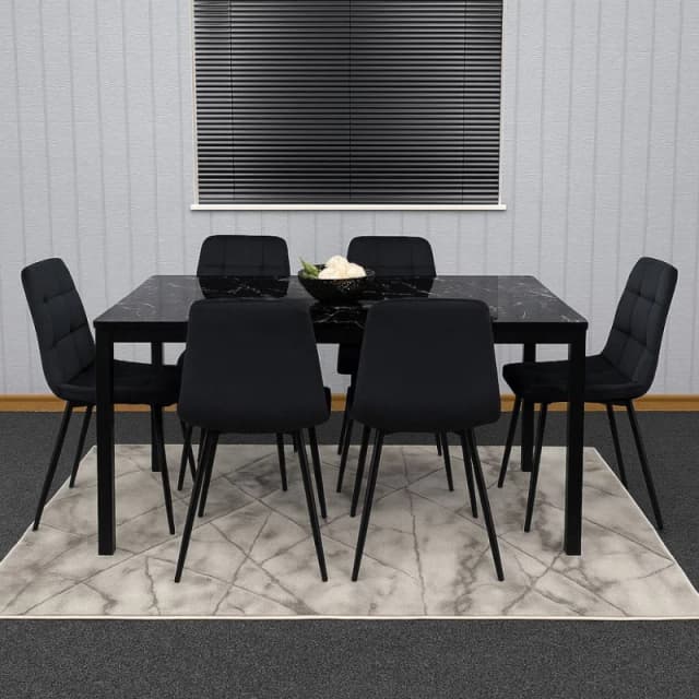 Kosy Koala Black Glass Marble Effect Dining Table Set With 6 Black Velvet Chairs