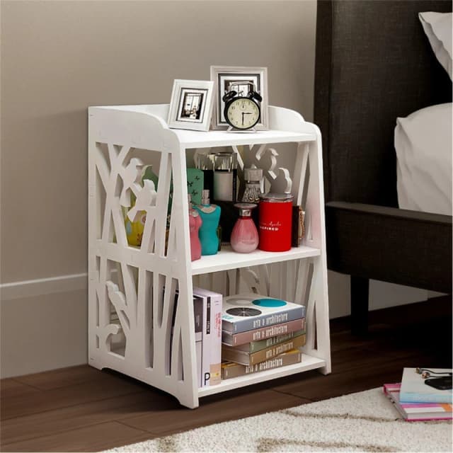 Cottonfy UK 3-Tier Carved Wooden Bedside Table - White White M