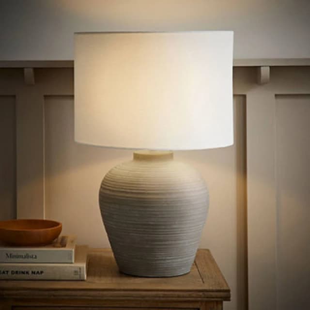 ValueLights ValueLights Reid Linen Drum Lamp Shade Stone Grey Ribbed Ceramic Table Lamp Size: Large Grey Large Unisex 5016529271918