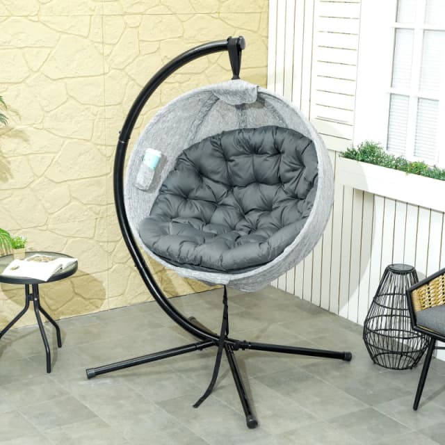 Outsunny Hanging Egg Chair Outdoor Indoor Swing Chair, Folding Basket, Grey Grey