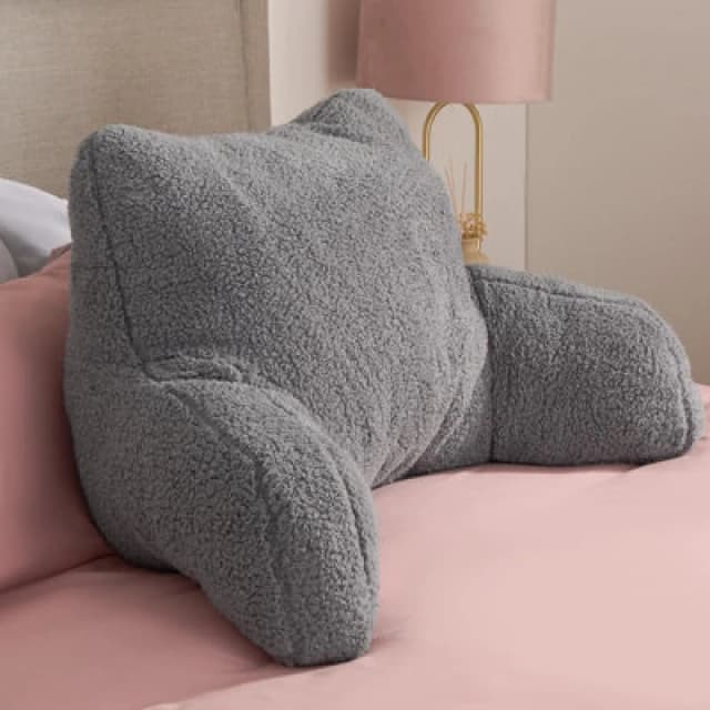 OHS OHS Teddy Fleece Bed Reading Cushion Pillow with Arms Lumbar Support in Grey Grey One Size Unisex 5018626042989