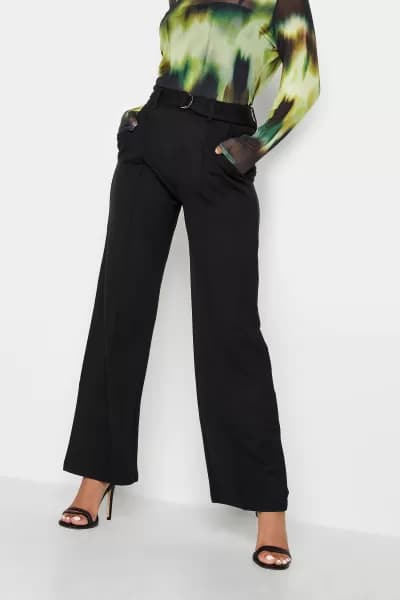 Petite Black Wide Leg Belt Trousers