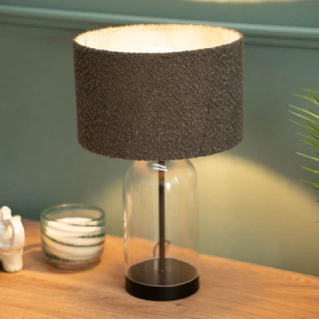 VALUELIGHTS Glass Table Lamp Black Base Living Room Bedroom Light Boucle Lampshade Shade - Charcoal - No Bulb B3791