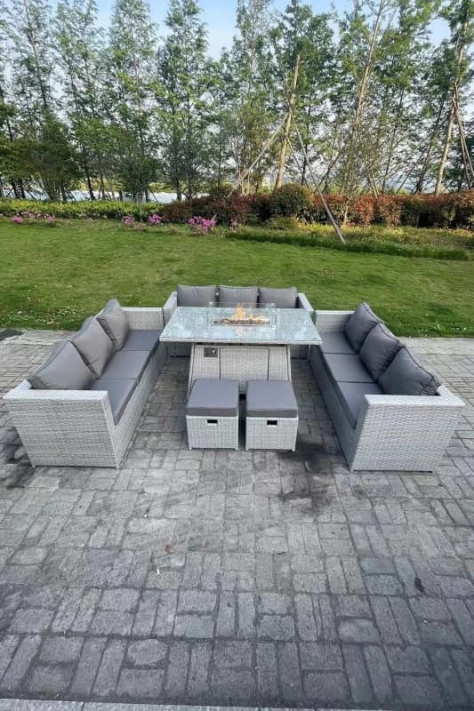 Fimous Light Grey U Shape Lounge Sofa Dining Set With Gas Heater Fire pit Burner 2 PC Small Footstool Light Grey