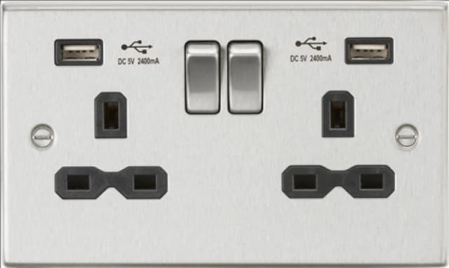 KnightsBridge 13A 2G Square Edge switched socket with dual USB charger A + A (2.4A) - Brushed chrome, Black insert CS9224BC